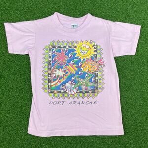 Vintage 90s Port Arkansas Coastal Beach Travel Souvenir Pink Kids T-Shirt Sz M